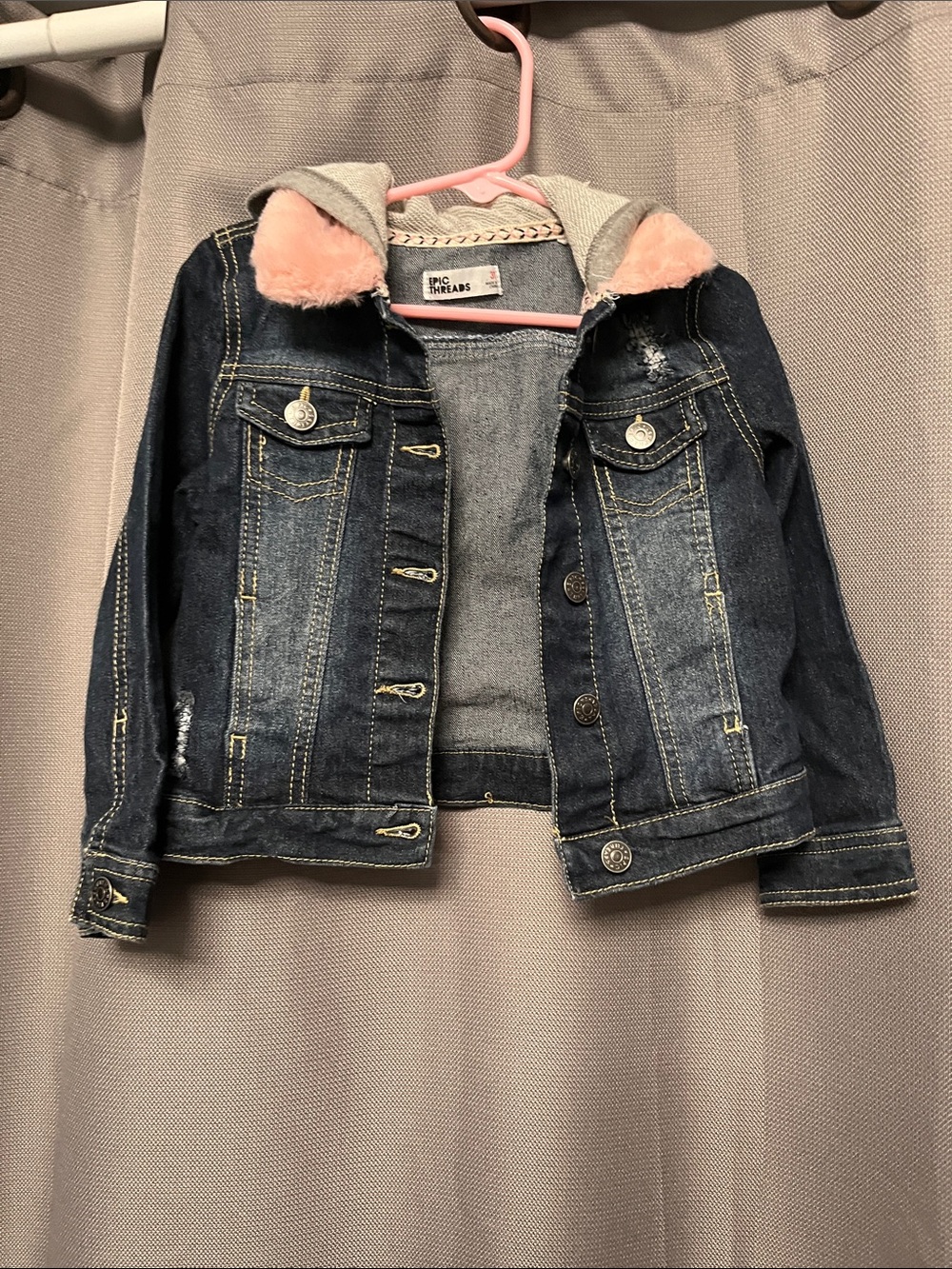 Epic Threads Dark Blue Denim Jacket with Pink Faux Fur Trim